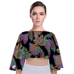 Autumn Pattern Dried Leaves Tie Back Butterfly Sleeve Chiffon Top by Simbadda