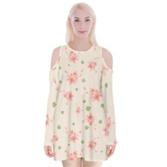 Pink Flowers Pattern Spring Nature Velvet Long Sleeve Shoulder Cutout Dress
