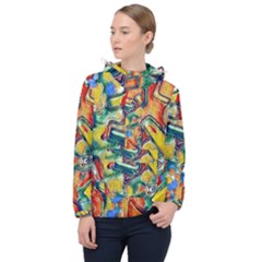 Colorful Painted Shapes                      Women Hooded Front Pocket Windbreaker