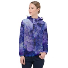 Blue Purple Ink                        Women Hooded Front Pocket Windbreaker