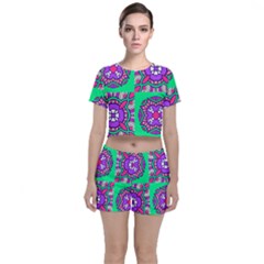 Purple Shapes On A Green Background                        Crop Top And Shorts Co-ord Set