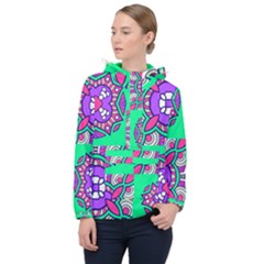 Purple Shapes On A Green Background                         Women Hooded Front Pocket Windbreaker