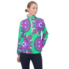 Purple Shapes On A Green Background                         Women Half Zip Windbreaker