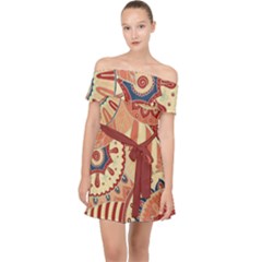 Pop Art Paisley Flowers Ornaments Multicolored 4 Background Solid Dark Red Off Shoulder Chiffon Dress