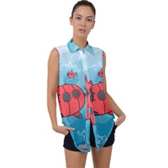 Dive Scuba Ocean Sea Water Fish Sleeveless Chiffon Button Shirt