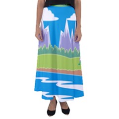 Nature Tree Water Grass Sun Flared Maxi Skirt
