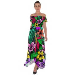  Neon Hibiscus Off Shoulder Open Front Chiffon Dress