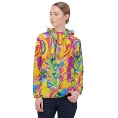 Mixed Paint                                 Women Hooded Front Pocket Windbreaker
