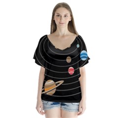 Solar System Planets Sun Space V-neck Flutter Sleeve Top