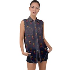 Nerdy 60s  Girl Pattern Grey Sleeveless Chiffon Button Shirt