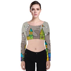 Kids Drawing Children Artwork Art Velvet Long Sleeve Crop Top