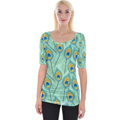 Lovely Peacock Feather Pattern With Flat Design Wide Neckline Tee