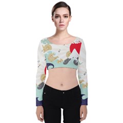 Mountain Sun Japanese Illustration Velvet Long Sleeve Crop Top