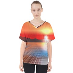 Sunset Water River Sea Sunrays V-neck Dolman Drape Top by Mariart