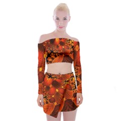 Leaf Autumn Nature Background Off Shoulder Top With Mini Skirt Set