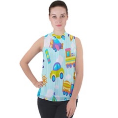 Transport Toy Seamless Pattern Mock Neck Chiffon Sleeveless Top