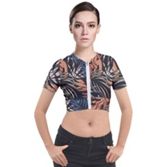Trend Seamless Pattern With Colorful Tropical Leaves Plants Brown Background Short Sleeve Cropped Jacket
