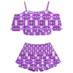 Pink  White  Abstract Pattern Kids  Off Shoulder Skirt Bikini
