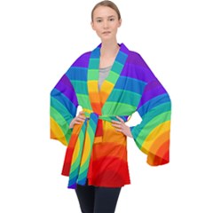 Rainbow Background Colorful Long Sleeve Velvet Kimono  by HermanTelo