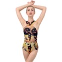 Funny Halloween Design, Pumpkin, Cat, Owl And Crow Cross Front Low Back Swimsuit View1
