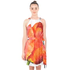 Tulip Watercolor Red And Black Stripes Halter Collar Waist Tie Chiffon Dress