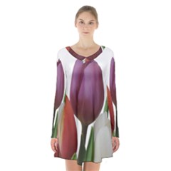 Tulips Spring Bouquet Long Sleeve Velvet V-neck Dress