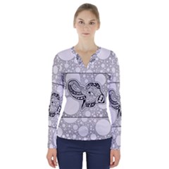 Elegant Mandala Elephant In Black And Wihte V-neck Long Sleeve Top