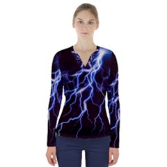 Blue Thunder Colorful Lightning Graphic V-neck Long Sleeve Top