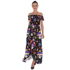 Dia De Los Muertos Off Shoulder Open Front Chiffon Dress