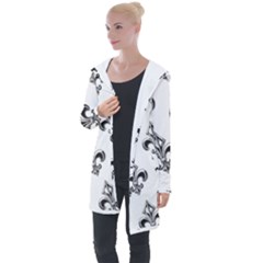 French France Fleur De Lys Metal Pattern Black And White Antique Vintage Longline Hooded Cardigan