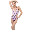 French France Fleur De Lys Metal Pattern black and white antique vintage pink and black rocker Plunging Cut Out Swimsuit View1