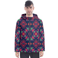 Rhombus Squares And Triangle                                                  Men s Hooded Puffer Jacket