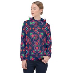 Rhombus Squares And Triangle                                                  Women Hooded Front Pocket Windbreaker