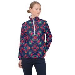 Rhombus Squares And Triangle                                                  Women Half Zip Windbreaker