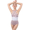 White Candy Cane Pattern with Red and Thin Green Festive Christmas Stripes Cross Front Low Back Swimsuit View1