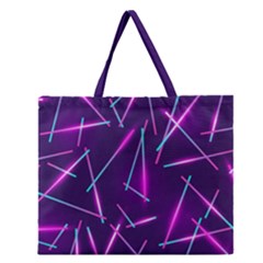 Retrowave Aesthetic Vaporwave Retro Memphis Pattern 80s Design Geometric Shapes Futurist Purple Pink Blue Neon Light Zipper Large Tote Bag by genx