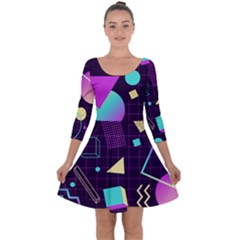 Retrowave Aesthetic Vaporwave Retro Memphis Pattern 80s Design 3d Geometric Shapes Quarter Sleeve Skater Dress