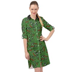 Pepe The Frog Perfect A-ok Handsign Pattern Praise Kek Kekistan Smug Smile Meme Green Background Long Sleeve Mini Shirt Dress