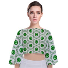 White Green Shapes Tie Back Butterfly Sleeve Chiffon Top by Mariart