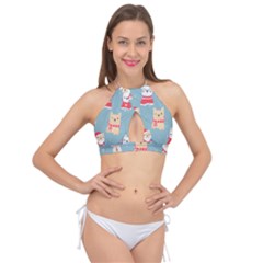 Cute French Bulldog Puppy Dog Christmas Costume Seamless Pattern Cross Front Halter Bikini Top