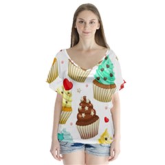 Seamless Pattern Yummy Colored Cupcakes V-neck Flutter Sleeve Top