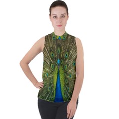 Peacock Feathers Bird Nature Mock Neck Chiffon Sleeveless Top