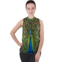 Peacock Feathers Bird Nature Mock Neck Chiffon Sleeveless Top View1