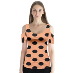 Polka Dots - Black On Cantaloupe Orange Butterfly Sleeve Cutout Tee 