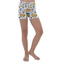 Hand Drawn Kitten Pattern With Elements Kids  Lightweight Velour Yoga Shorts