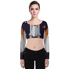 Rocket Space Universe Spaceship Velvet Long Sleeve Crop Top