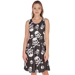 Skull Crossbones Seamless Pattern Holiday Halloween Wallpaper Wrapping Packing Backdrop Knee Length Skater Dress With Pockets