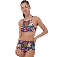 Welsh Corgi Dog With Gift Boxes Seamless Pattern Wallpaper High Waist Tankini Set