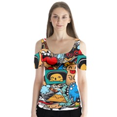 Abstract Grunge Urban Pattern With Monster Character Super Drawing Graffiti Style Butterfly Sleeve Cutout Tee 