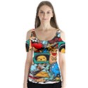 Abstract Grunge Urban Pattern With Monster Character Super Drawing Graffiti Style Butterfly Sleeve Cutout Tee  View1